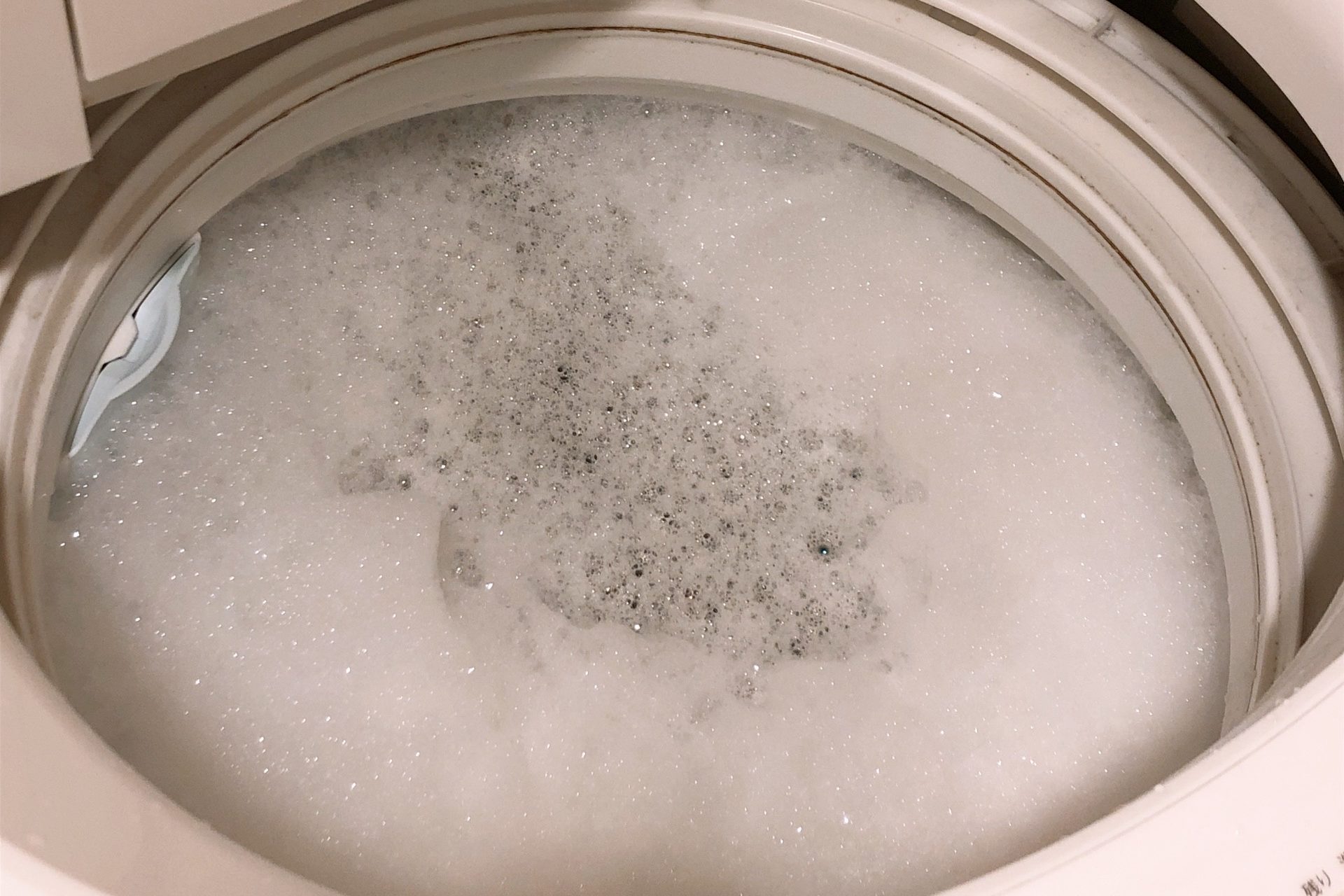 お湯を入れた洗浄中の洗濯機の写真